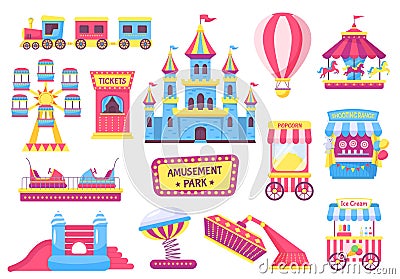 Amusement park elements, festival or carnival fairground games. Roller coaster, train, carousel, circus tent, fair Vector Illustration