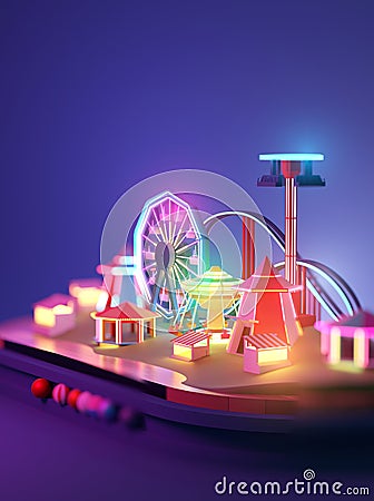 Amusement Park Fairground Rides And Attractions Cartoon Illustration