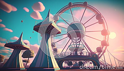 Amusement park with ferris wheel. 3d render illustration Cartoon Illustration