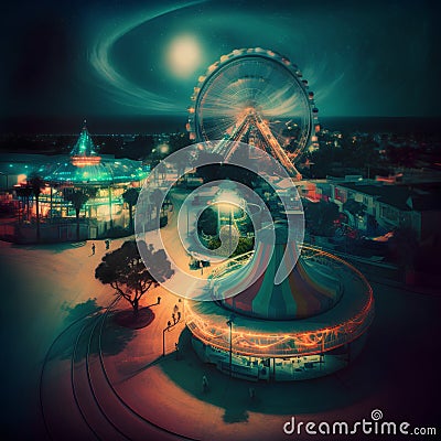 Amusement park with ferris wheel and fairground at night Stock Photo