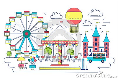 Amusement park flat line vector illustration. Circus, ferris wheel, attractions, aerostat balloon in air. Vector Illustration