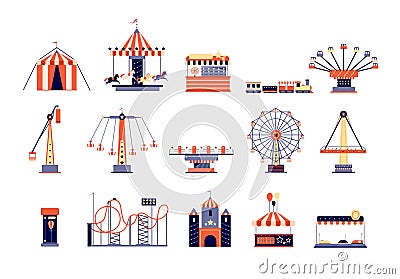 Amusement park. Fun recreation playground, amusements and carousels. Children attractions, rollercoaster and ferris Vector Illustration