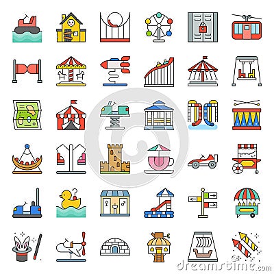 Amusement park icon and coin operated ride, filled outline icons Vector Illustration