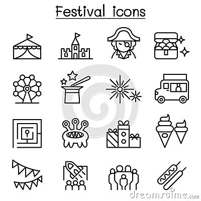 Amusement park icon set in thin line style Vector Illustration