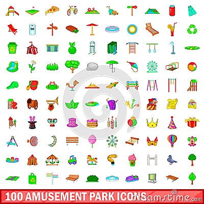 100 amusement park icons set, cartoon style Vector Illustration