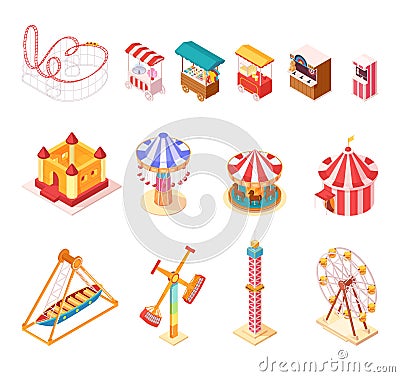 Amusement Park Isometric Cartoon Icons Set Vector Illustration