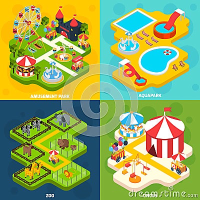 Amusement Park Isometric 4 Icons Square Vector Illustration