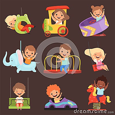 Amusement park kids. Playing happy and funny childrens boys and girls in attractions ride friends vector cartoon people Vector Illustration