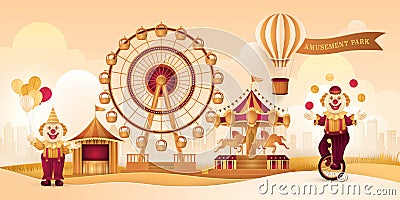 Amusement Park Landscape with Ferris wheel, Circus Tents, Carnival Fun Fair Vector Illustration
