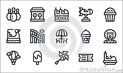 Amusement park line icons. linear set. quality vector line set such as bumper car, pinwheel, hot air balloon, ticket, ice cream, Vector Illustration