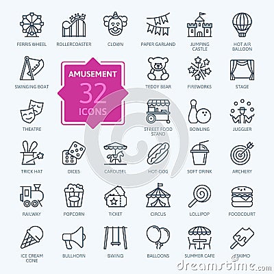 Amusement Park minimal thin line web icon set. Vector Illustration