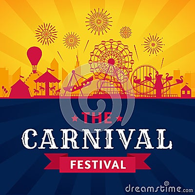 Amusement park poster. Roller coaster, ferris wheel and carnival carousel festive parks attractions vector silhouette Vector Illustration