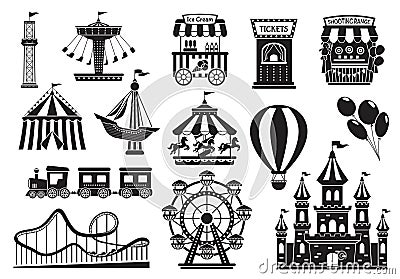 Amusement park silhouette elements, carnival fairground attractions. Kids carousel, roller coaster, circus tent, funfair Vector Illustration