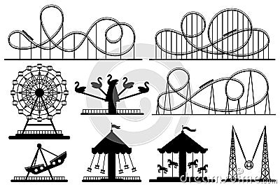 Amusement park silhouette. Roller coaster, festive carnival carousel and ferris wheel vector silhouettes set Vector Illustration