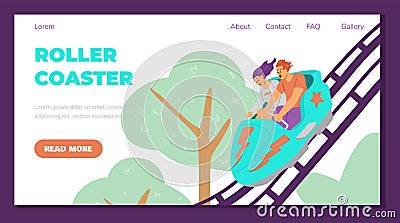 Amusement park site with people on roller coaster, flat vector illustration. Vector Illustration