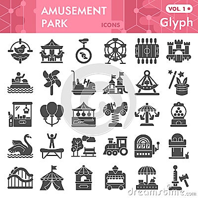 Amusement park solid icon set, children entertainment symbols collection or sketches. Playground glyph style signs for Vector Illustration