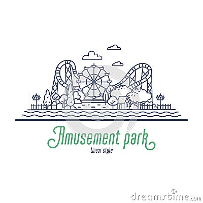 Amusement park thin line vector illustration. Ferris wheel and roller coaster in the park. Outline style vector Vector Illustration