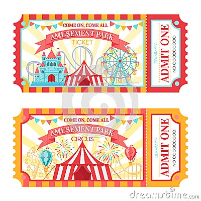 Amusement park ticket. Admit one circus admission tickets, family park attractions festival and amusing fairground Vector Illustration