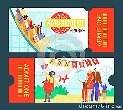 Amusement park ticket design, vector illustration. Circus entertainment background, carnival tent at fun invitation Vector Illustration