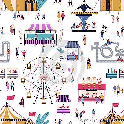 Amusement park with tiny people seamless pattern vector flat illustration. Cartoon man, woman, children and couple at Vector Illustration