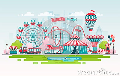 Amusement park, urban landscape with carousels, roller coaster and air balloon. Circus and Carnival theme Vector Illustration