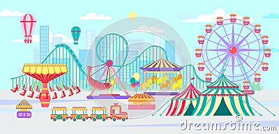 Amusement park, urban landscape with carousels, roller coaster and air balloon. Circus, Fun fair and Carnival theme Vector Illustration