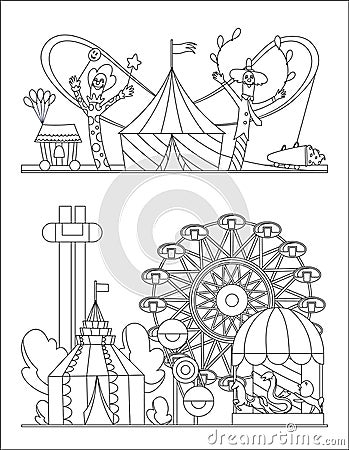 Amusement park, urban landscape with carousels, roller coaster and air balloon coloring book page. Circus, Fun fair and Vector Illustration
