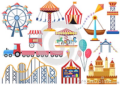 Amusement park vector entertainment icons elements isolated. Colorful cartoon flat ferris wheel, carousel, circus and Vector Illustration