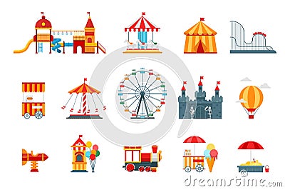 Amusement park vector flat elements, fun icons, on white background with ferris wheel, castle, attractions Vector Illustration