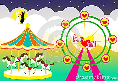 Amusement park wedding backdrop with carousel and ferris wheel and rabbits lover Cartoon Illustration
