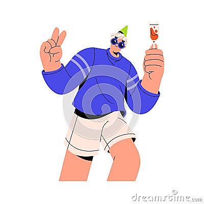 Amusing boy in party hat with peace, greeting gesture. Funny guy in sunglasses holds holiday champagne glass. Festive Vector Illustration