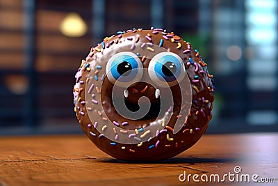 Cute chocolate donut with eyes. Generative AI Cartoon Illustration