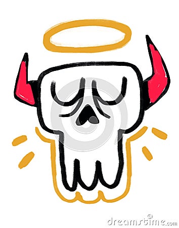 Amusing demonic skull with horns and angel ring, graffiti and bold line art. Aesthetic acrylic painting with intense color. Stock Photo