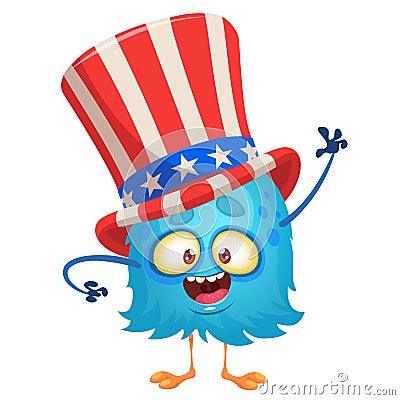 Amusing fluffy blue cartoon monster wearing Uncle Sam hat. Design character for Independence Day. Vector illustration Vector Illustration