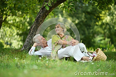 Amusing old couple on picnic Stock Photo