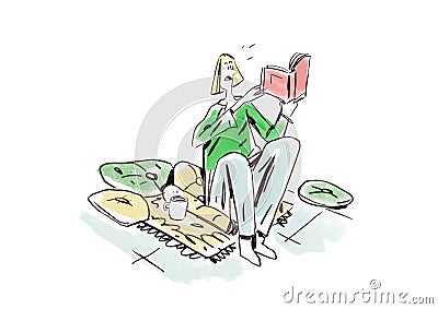 Amusing Surprise Woman Reading A Curious Book Peaceful At Home, Surprise Reading Moment Piece. Illustration Of Humor Of Life. Stock Photo