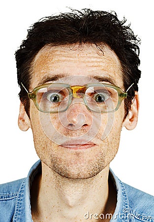 Amusing tousled man in old ridiculous spectacles Stock Photo
