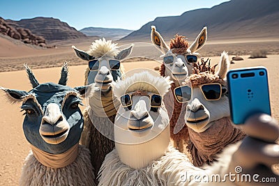 Camel caravan in the Namib desert taking selfie with mobile phone Stock Photo