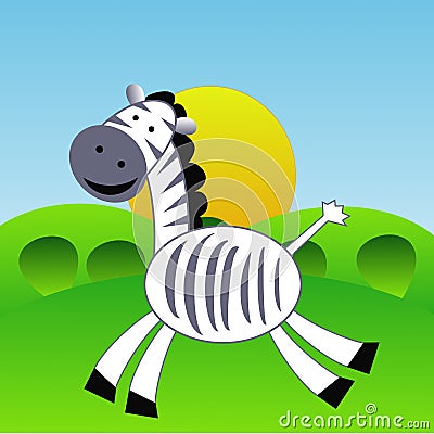 An amusing zebra hurries on a green grass Cartoon Illustration