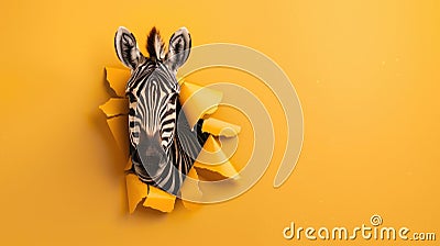 Amusing zebra peers through ripped hole against vibrant paper backdrop. Ai Generated Stock Photo