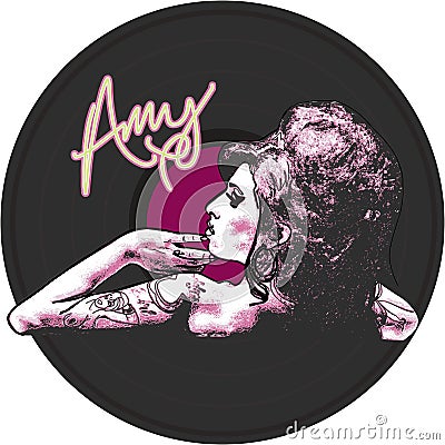 Amy Winehouse profile on single record background Vector Illustration