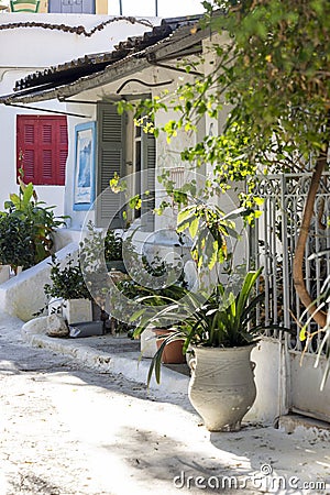 Anafiotika, scenic tiny neighborhood of Athens, part of the old historical district Plaka, narrow streets, Athens, Greece Stock Photo