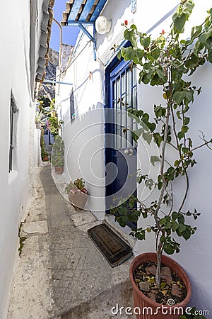 Anafiotika, scenic tiny neighborhood of Athens, part of the old historical district Plaka, narrow streets, Athens, Greece Stock Photo