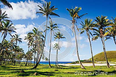 Anakena beach and Ahu Nau Nau on Easter Island Stock Photo