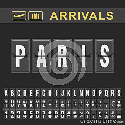 Analog airport flip board displays flight info of arrivals destination in Paris Vector Illustration