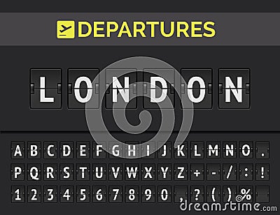 Airport flip board font showing flight departure destination in Europe London. Vector Vector Illustration