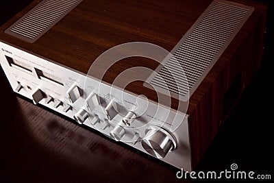 Ontario, Canada - December 26 2017: Analog Audio Stereo Amplifier Angled View from the Top Editorial Stock Photo