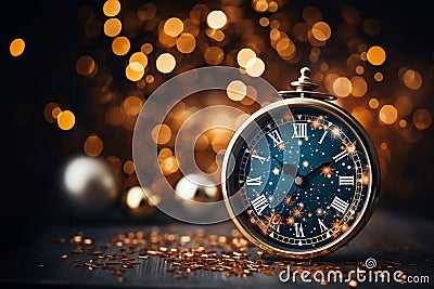 analog clock, confetti and star, new year concept, mockup, copy space Stock Photo