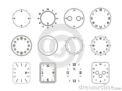 Analog clock face. Watch dial with time numbers chronometer stopwatch, elegant vintage circles mechanical wristwatch Vector Illustration