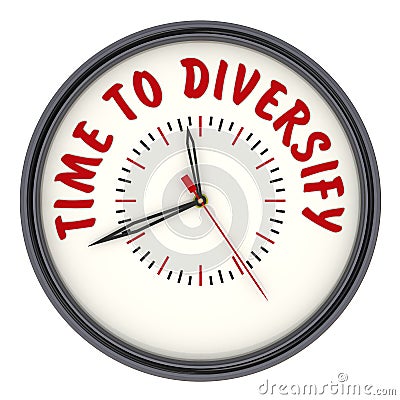 Time to diversify. Clock with text Stock Photo